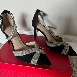 Elegant Black Pointed Toe Heels with Silver Crystal Straps